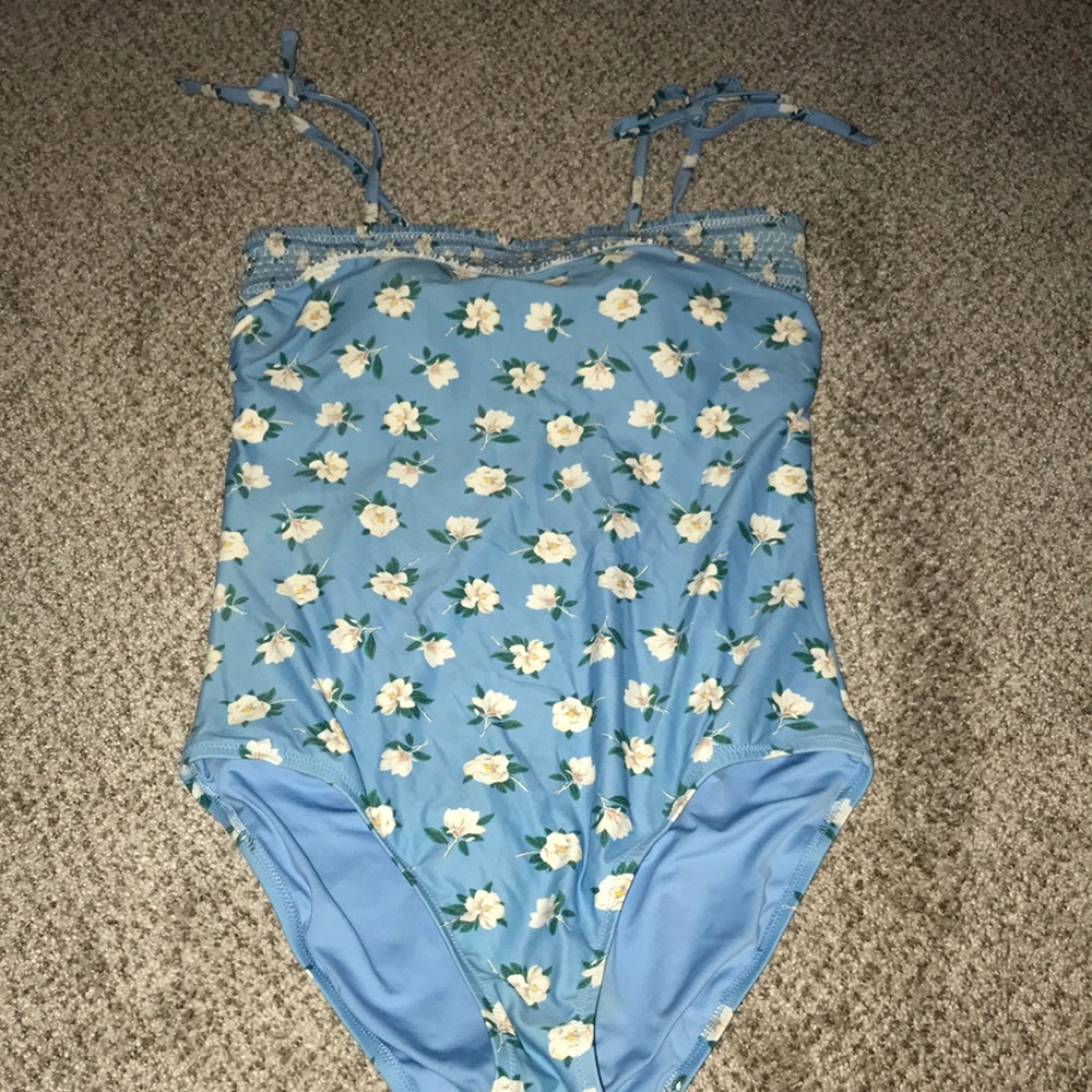 Draper James and Lands End Blue Floral Bandeau Swimsuit with Removable Strap